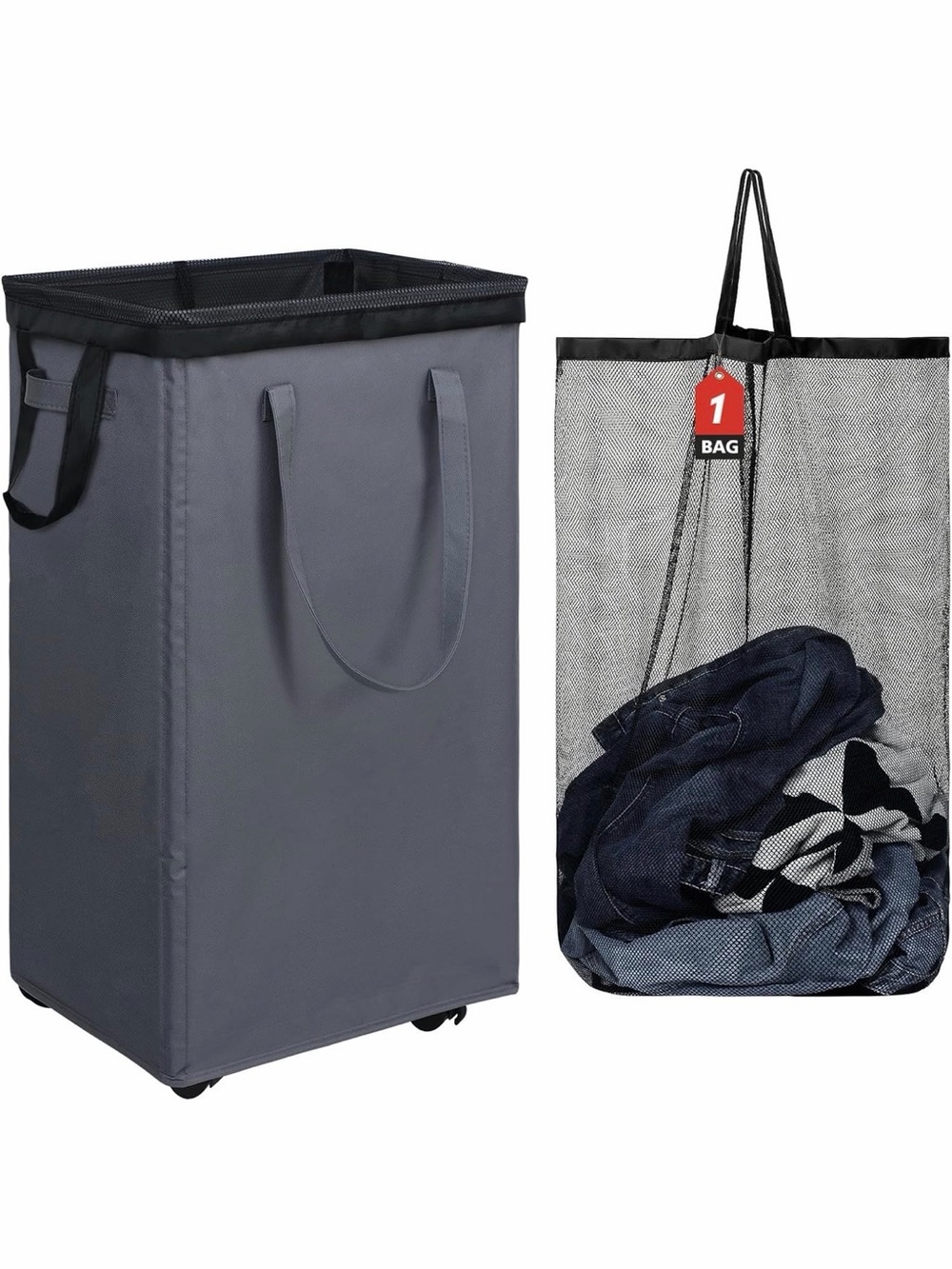 Gray Rolling Laundry Hamper with Mesh Bag - Stylish Home Storage
